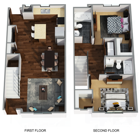 Floor plan for 2 beds, 2 baths, 1078 sqft